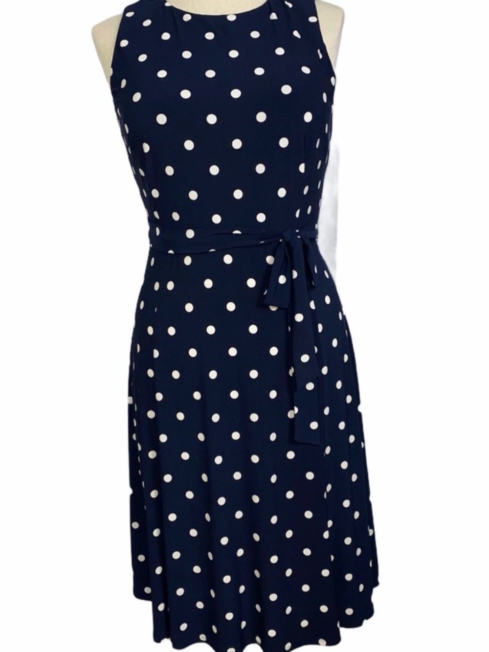 Anne Klein Polka Dot Sleeveless Midi Fit & Flare Belted Dress 16 - Picture 5 of 10